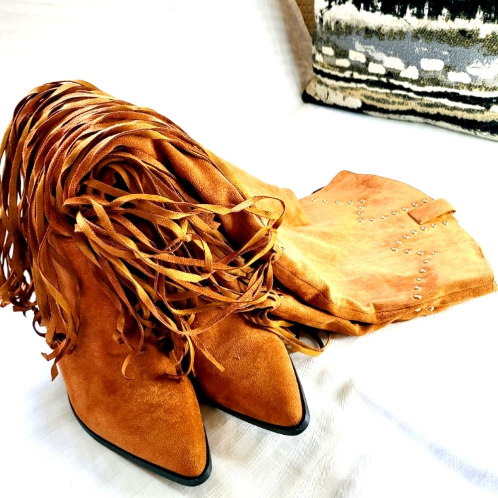 Cape Robbin Montana Camel Suede Fringe Thigh High Over Knee Cowgirl Boots
